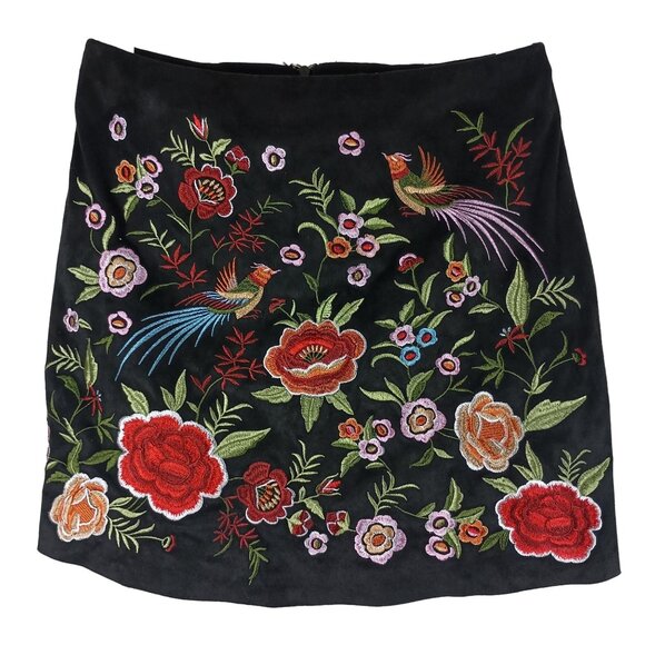 Forever 21 Velvet Skirt Womens S Black Embroidered Floral Bird Boho Mini Zip - Picture 1 of 8